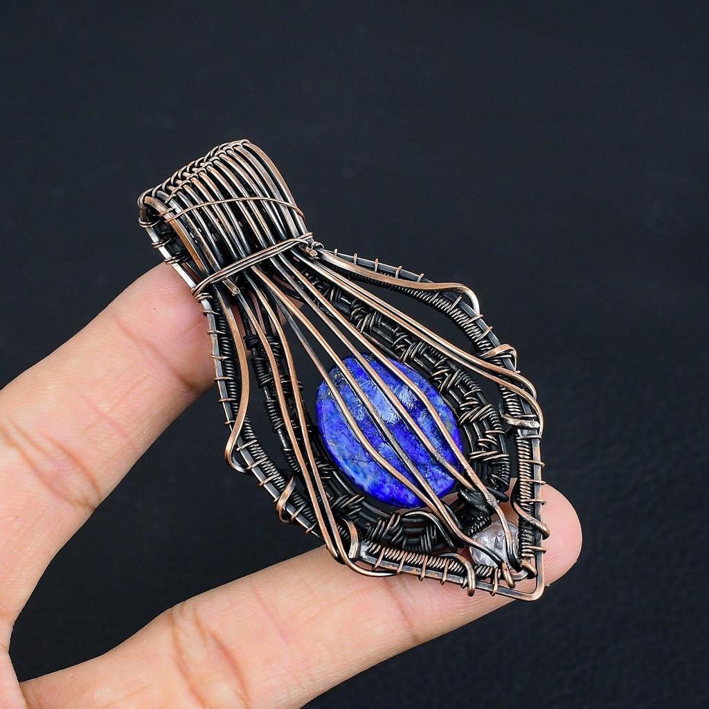 Pandantiv Lapis Lazuli Bijuterii cu Pietre Prețioase Lucrate Manual, Pandantiv Înfășurat în Sârmă de Cupru 999, Pandantiv Bijuterii cu Design Unic