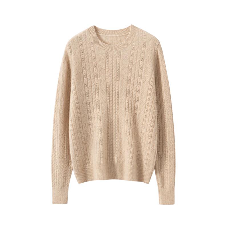 Women's Cable Knit Cashmere Sweater - Round Neck, Soft Pullover, Loose Fit, Perfect for Autumn & Winter.