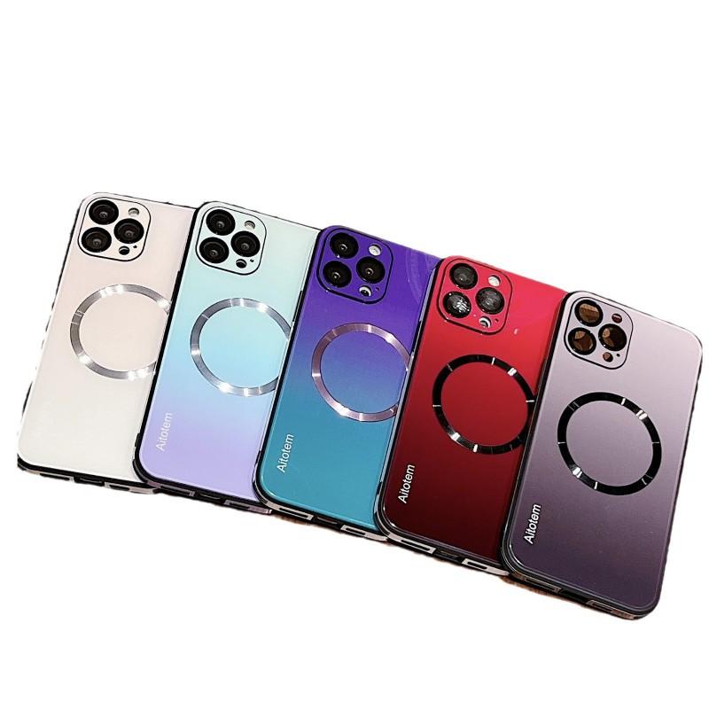 Glass Phone Case IPhone 15 14 Pro Max 13 Magnetic Snap-on Shockproof Full Cover In Aurora Gradient Colors