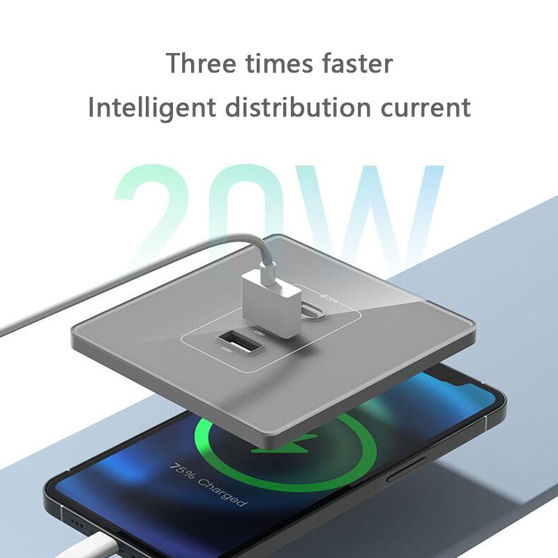 Universelle Smart-Steckdose 20W Superschnellladung Typ C USB-Anschluss Glas Kunststoff Strom Wandstecker, Ladeadapter Doppel-USB-Steckdose 220V