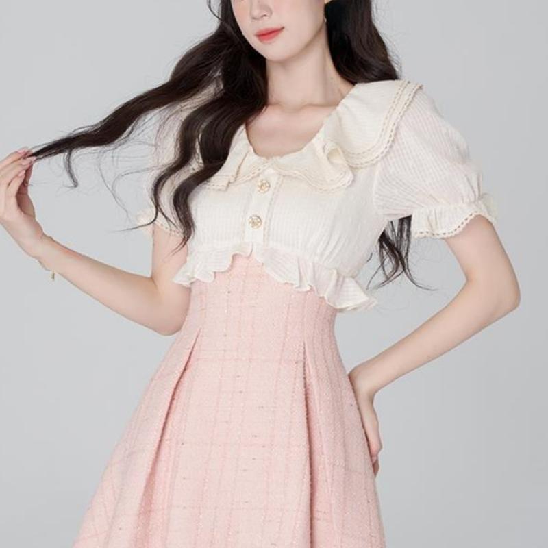 

Милое французское платье с рюшами и воротником, женское лоскутное ретро винтажное вечернее мини-платье, женское красивое корейское модное платье с пышными рукавами