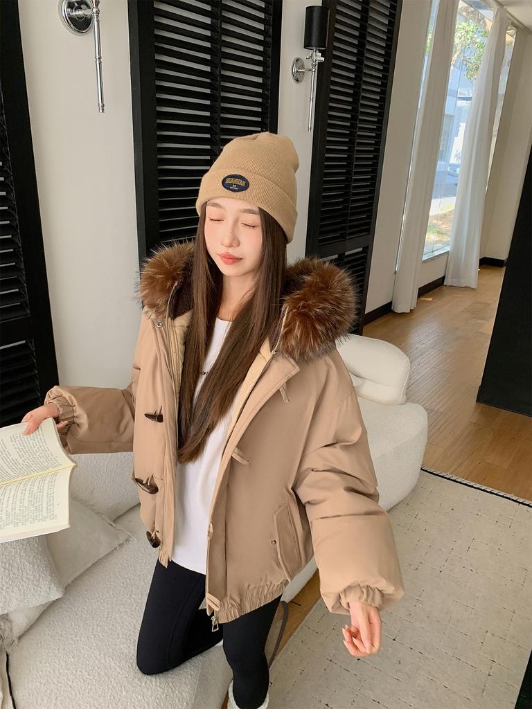 Damska nowa kurtka z kapturem z kołnierzem z futra, zapinana na guziki z rogu, zimowa, lekka, ocieplana, puszysta, ciepła, luźna, z wysokiej jakości tkaniny, casualowa, sportowa, bawełniana odzież