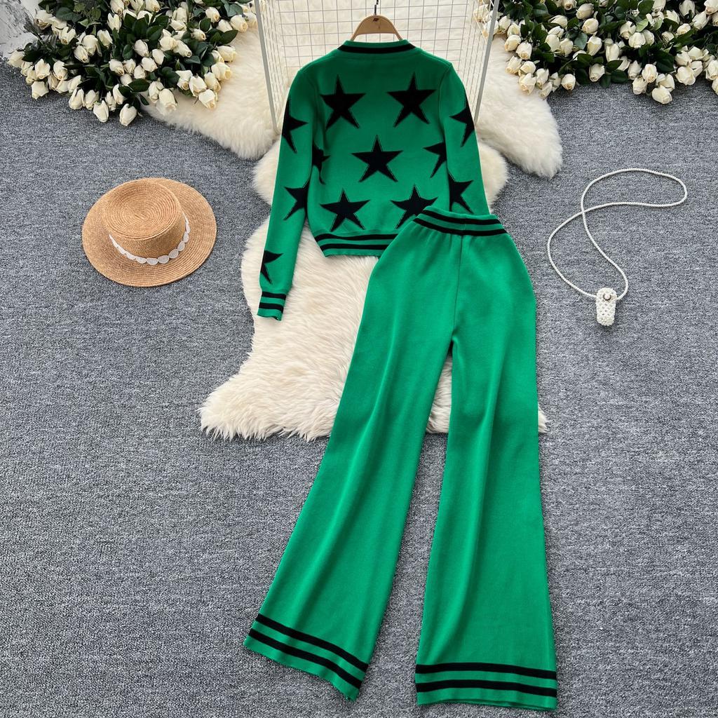 Korean Fashion Star Print Crew Neck Single-breasted Knitted Cardigan Sweater Jacket Women's High-waisted Casual Wide-leg Trousers