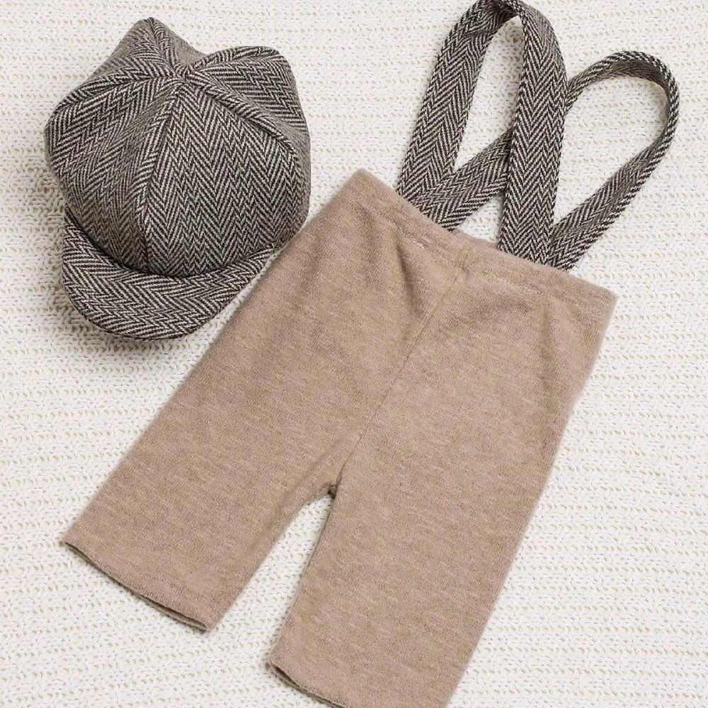 Suspender Romper Newborn Photography Outfit Newsboy Hat Baby Romper Set  Baby Photo Shoot