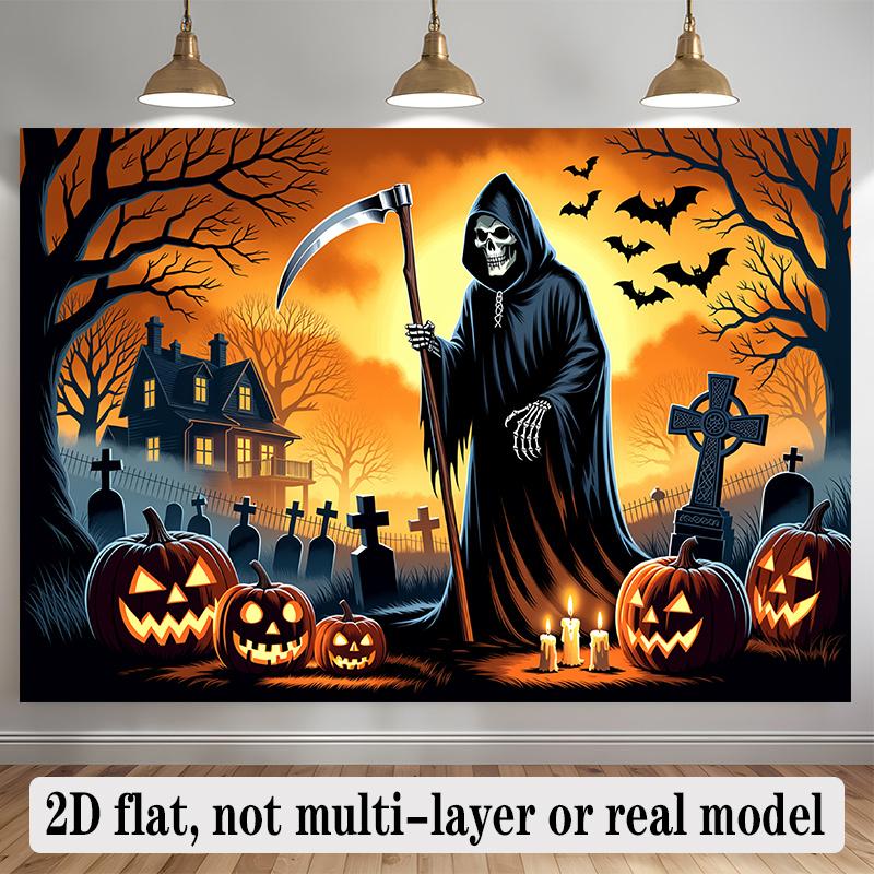Party Backdrop Halloween Flat Banners Spooky Pumpkins Grim Reaper Ghostly House Celebration Photo Booth Front Door Decor