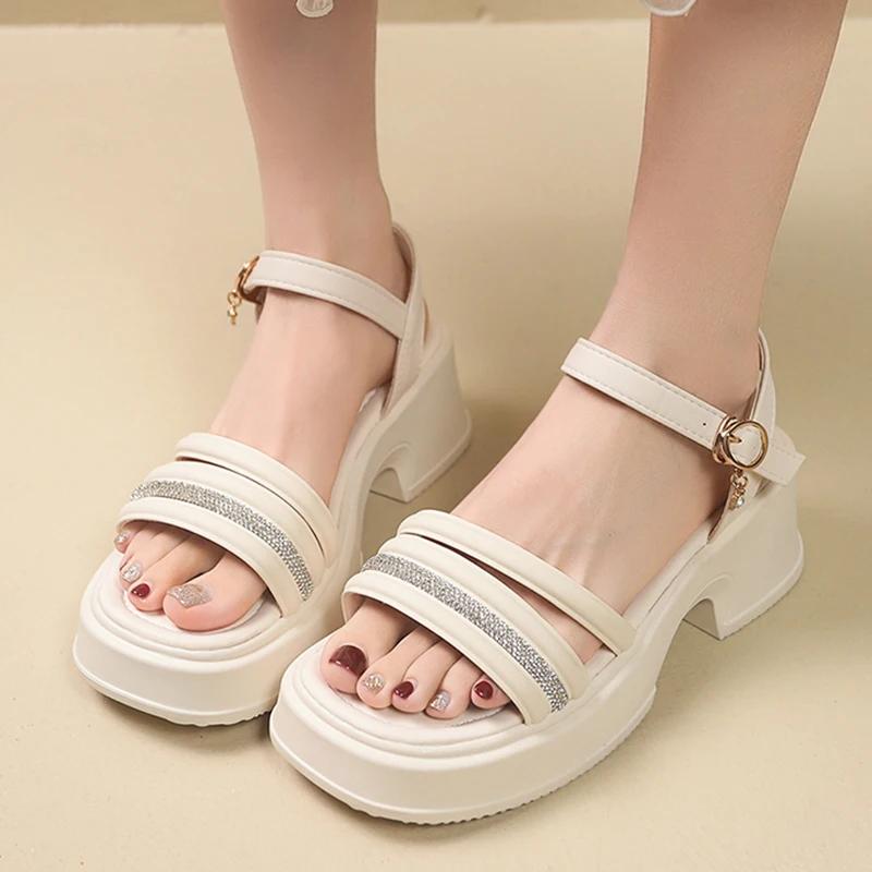Fashion Crystal Band Thick Soled Sandals Woman Summer Ankle Buckle High Heel Sandals Women Open Toe Non Slip Gladiator Sandalias Mujer