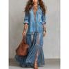 Vintage Turn Down Collar Imitation Denim Casual Long Dress For Women