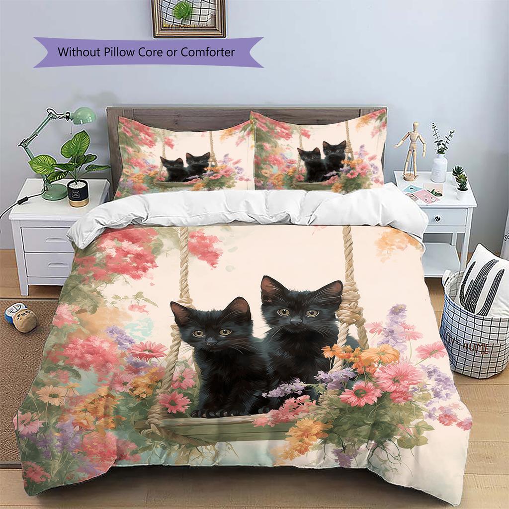 Pink Bombay Cat Pattern Bedding Home Decoration Birthday Gift (1 * Duvet Cover + 2 * Pillowcase, Without Core)