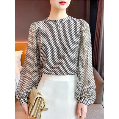 Damen Frühling und Sommer Elegante Chiffonblusen Stehkragen Locker Langarm Pullover Tops