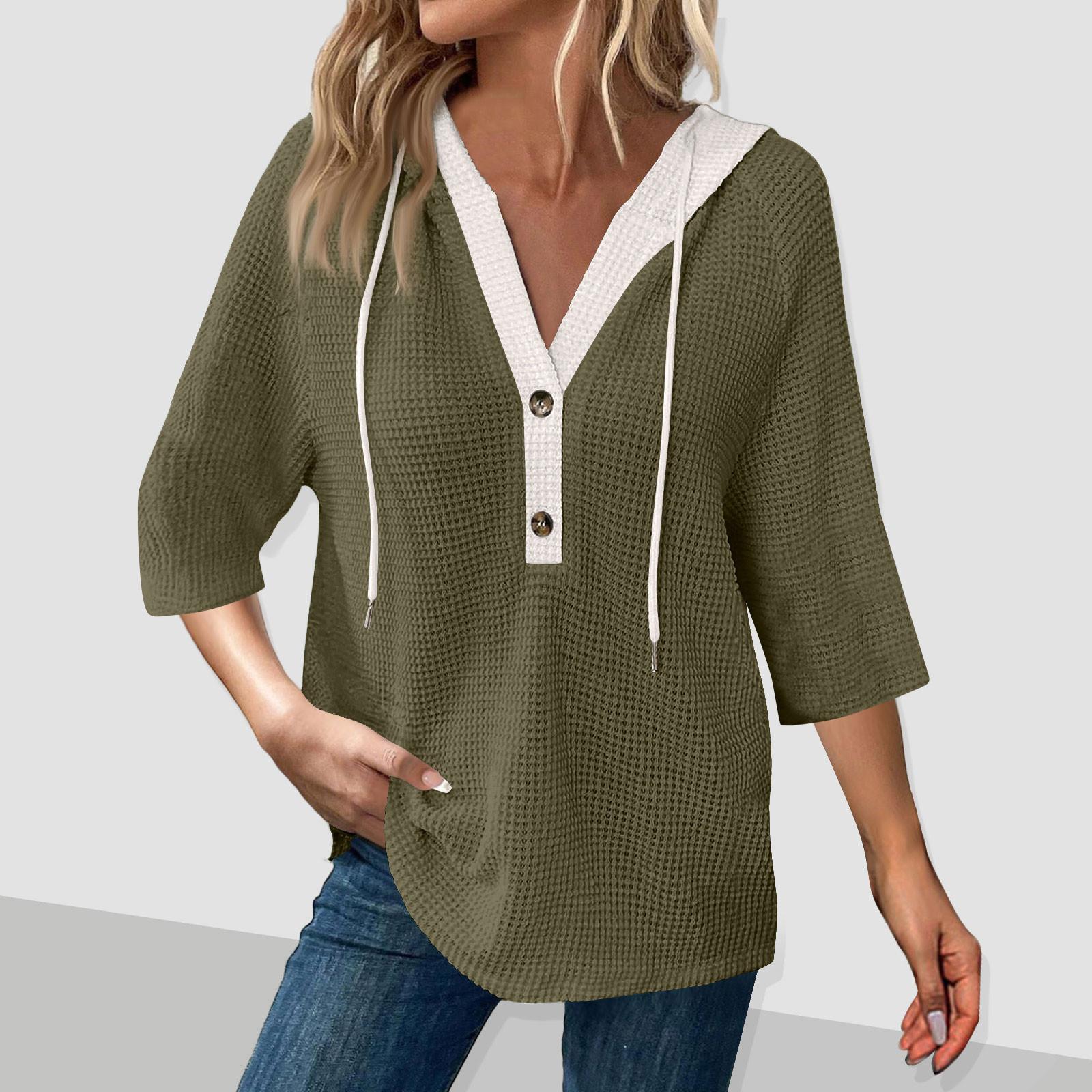 

Женская мода цвет блок рукава капюшон пуговицы V-образный вырез повседневный капюшон толстовка топ XXXL