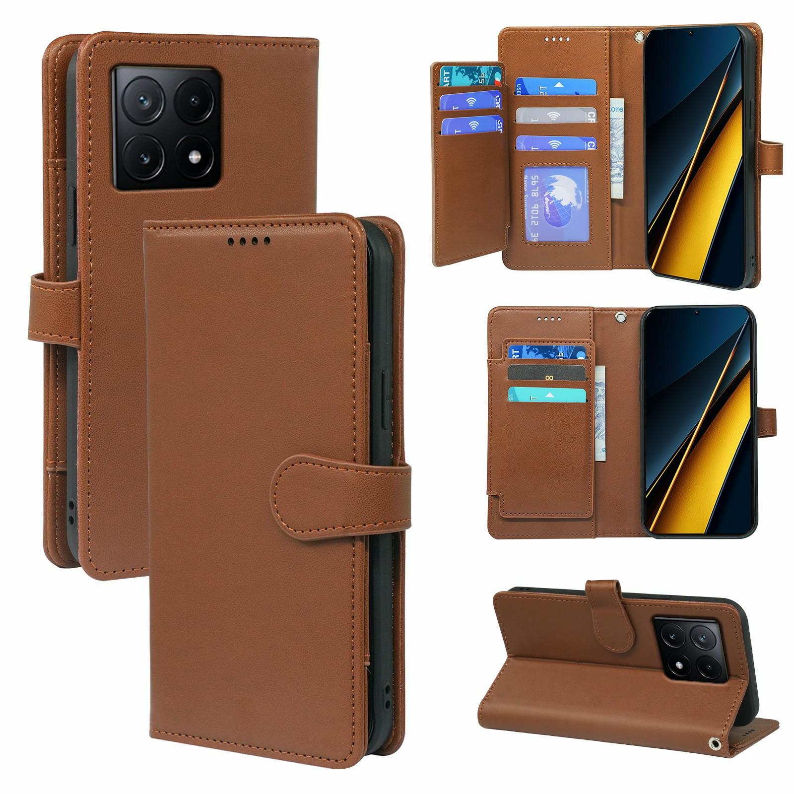 

Phone Case for Xiaomi Poco X6 Pro 5G/Redmi K70E 5G PU Leather Stand Cover with 9 Card Slots Brown