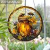 Acrylic Honey Jar with Bees and Flowers Suncatcher, Stained Glass Effect Window Hanging Ornament for Nature & Bee Lover Gifts