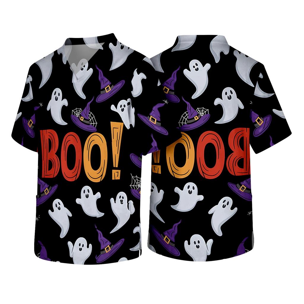 Men's V Neck Halloween Print Medical Scrub Top with Chest Pocket Short Sleeve Comfortable Fit Lightweight Fabric