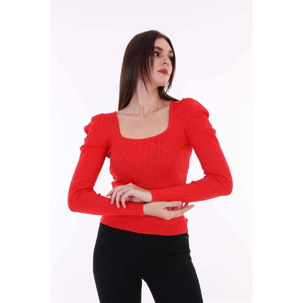 Women's Red Sleeve Pleated Gathered Princess Sleeve Square Collar Blouse Sweater