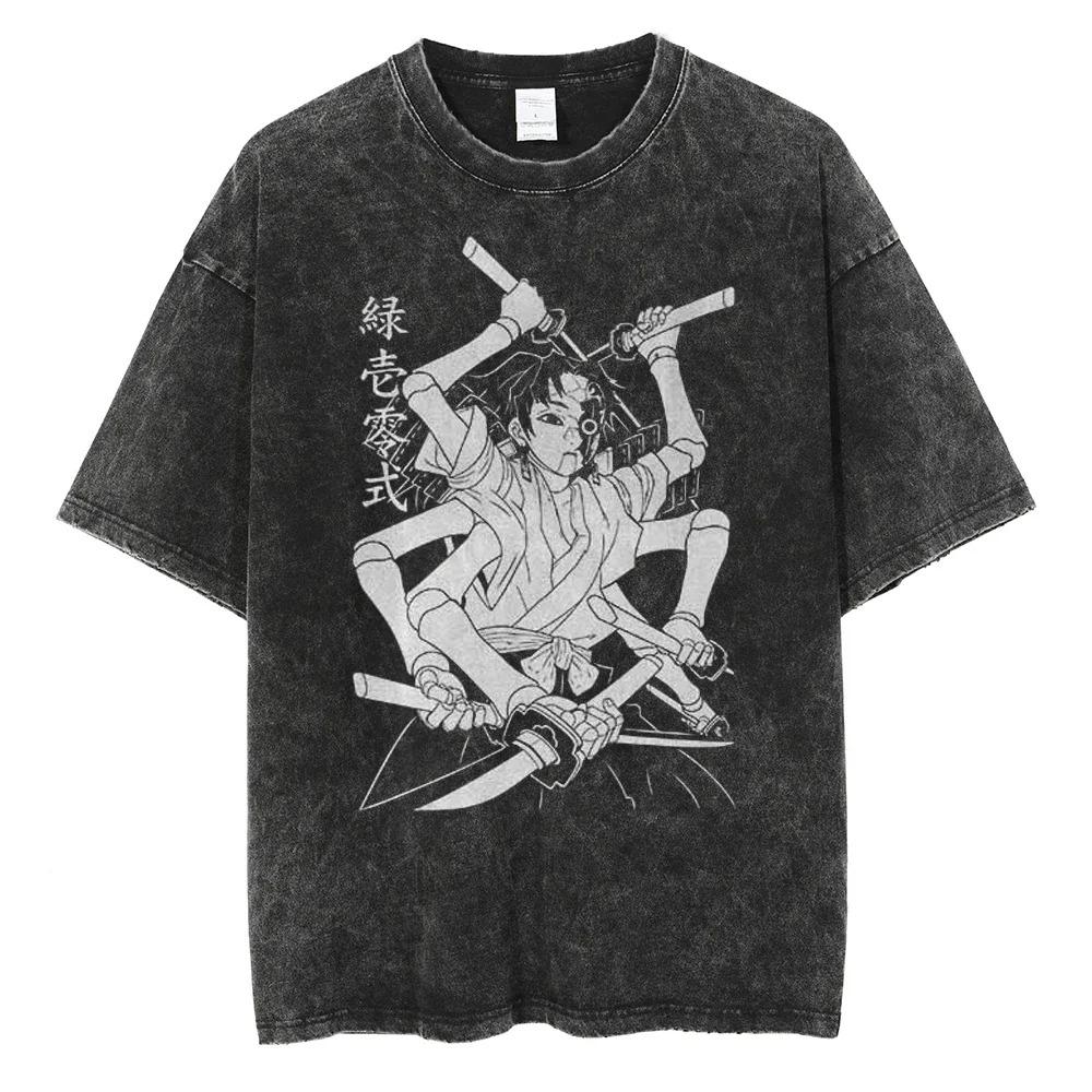 Camiseta Vintage Oversize de Manga Corta con Lavado Ácido de Demon Slayer: Kimetsu no Yaiba Kokushibo Estampado Gráfico Batalla Oscura