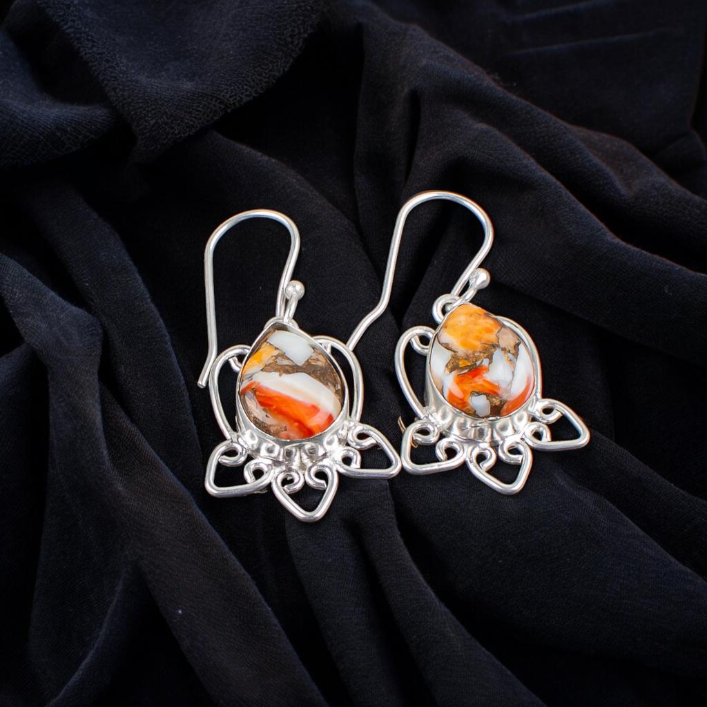 Orange Copper Turquoise Gemstone 925 Sterling Silver Elegant Jewelry Earrings EE-40-35