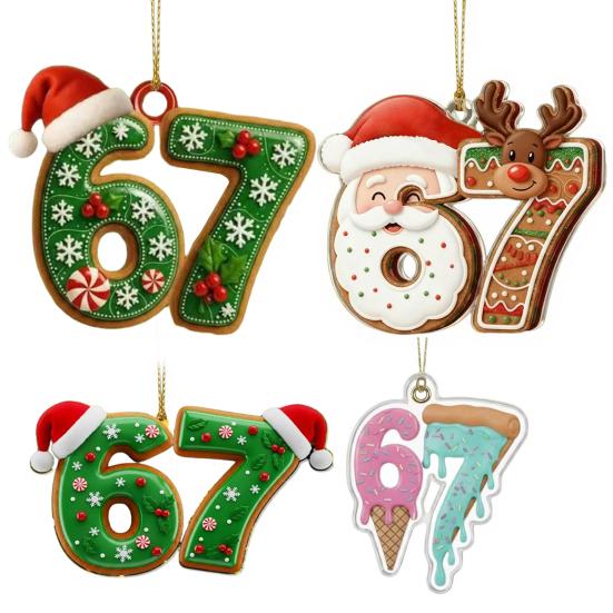 Christmas 67 Meme Acrylic Ornament Flat Santa Claus Reindeer Ice Cream Six Seven Xmas Tree Hanging Decoration Holiday Party Pendant