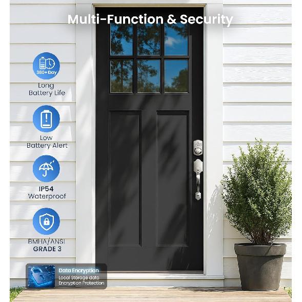 Veise Fingerprint Door Lock, Keyless Entry, Auto Lock, Electronic Keypad Deadbolt for Front Door, Biometric, Anti-Peeking Password, Easy Install,
