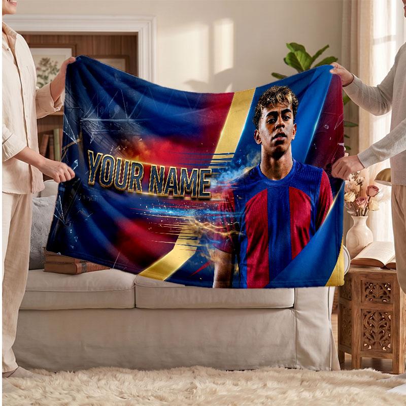 Couverture polaire personnalisée Lamine Yamal avec logo de football, texte de nom personnalisé, couverture d'appoint douce et chaude pour la maison