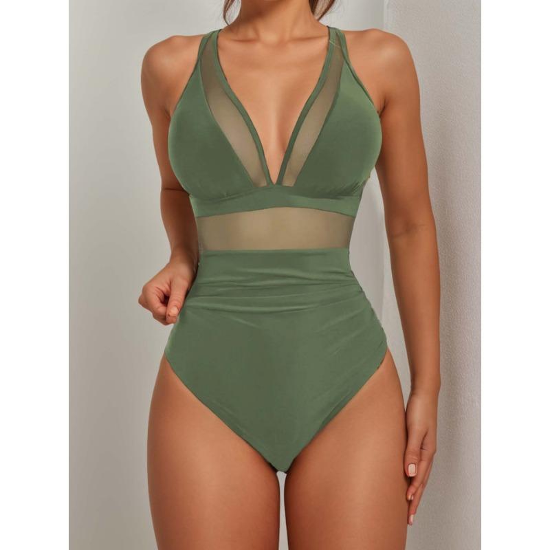 New Solid Color Mesh Halter Sexy Bikini One-piece Swimsuit Swimsuit