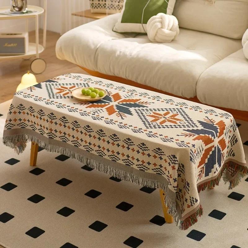 Cotton Yarn Tassel Dining Table Cloth Bohemian Style Double Printed Tablecloth Home Decoration Multifunctional Cover Cloth Towel