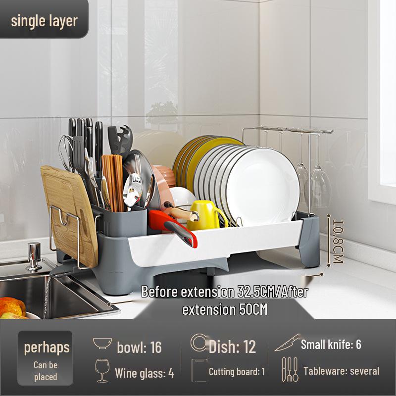 

Телескопическая кухонная стойка для хранения и сушки посуды с поддоном