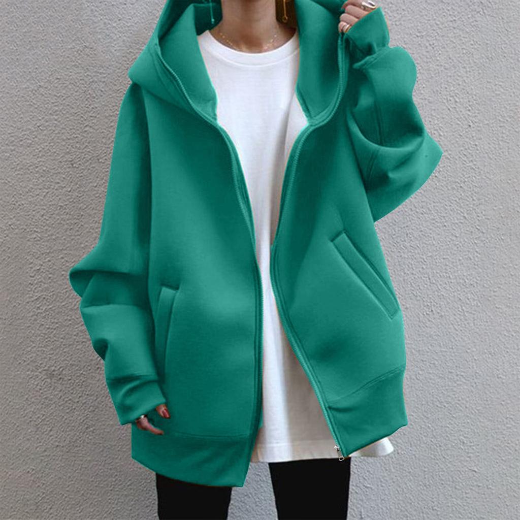 Women's Casual Loose Long-sleeved Zipper Hooded Long Padded Sweatshirt Coat