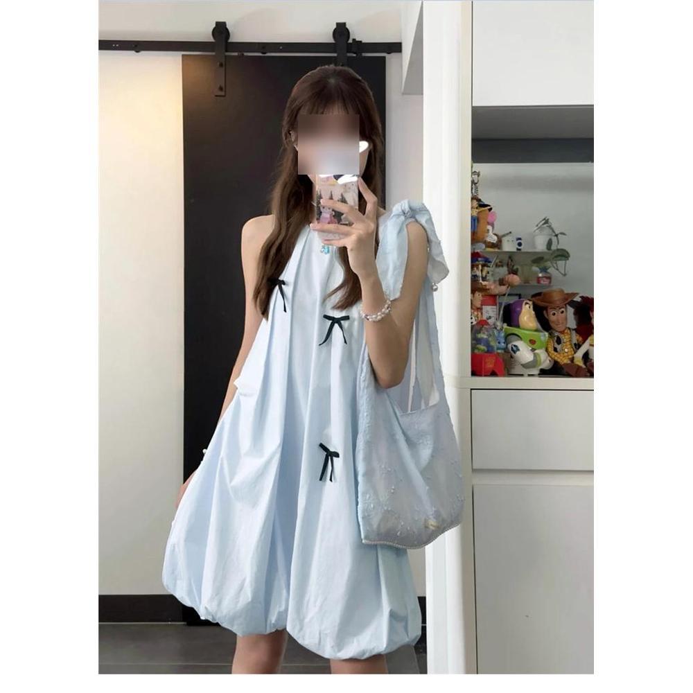 Sweet wind blue sleeveless vest dress gentle temperament loose fluffy bud short skirt summer