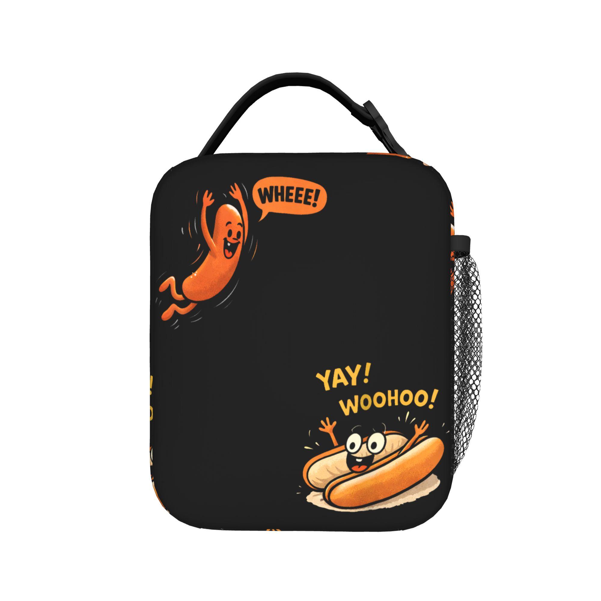 Funny Hot Dog Jumping Into Bun Sausage BBQ Lunch Bag For Women  Picnic Graphic Lunch Box Retro Oxford Thermal Lunch Bags One Size