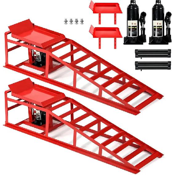 2-Piece Hydraulic Car Ramps, 5T Capacity, Adjustable Height for Home Garage Vehicle Repair and Oil Changes