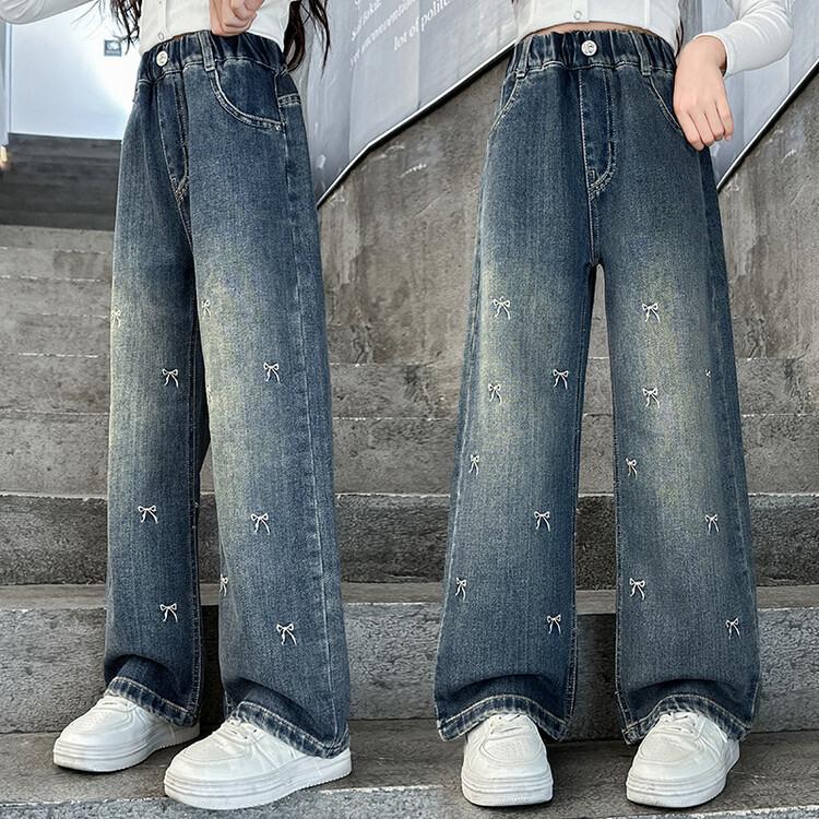 Girls Bow Jeans Pants Spring Kids Elastic Straight Denim Pants Autumn Teen Bowknot Print Wide-leg Trousers Fashion Elastic Pants