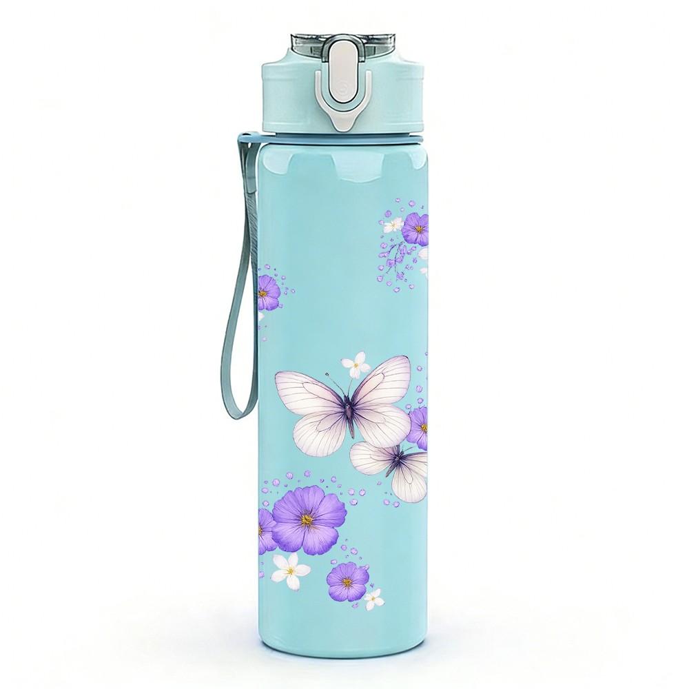 1PC Light Purple Butterfly Floral Print 750ml Color Plastic Sports Water Bottle Leakproof Flip Straw Lid Suitable for Sports Office Home Use