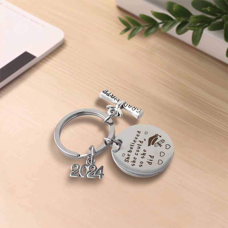 2024 Graduation Doctoral Cap Stainless Steel Engraved Keychain Rings Key Holder Inspirational Language Creative Gift Accessories