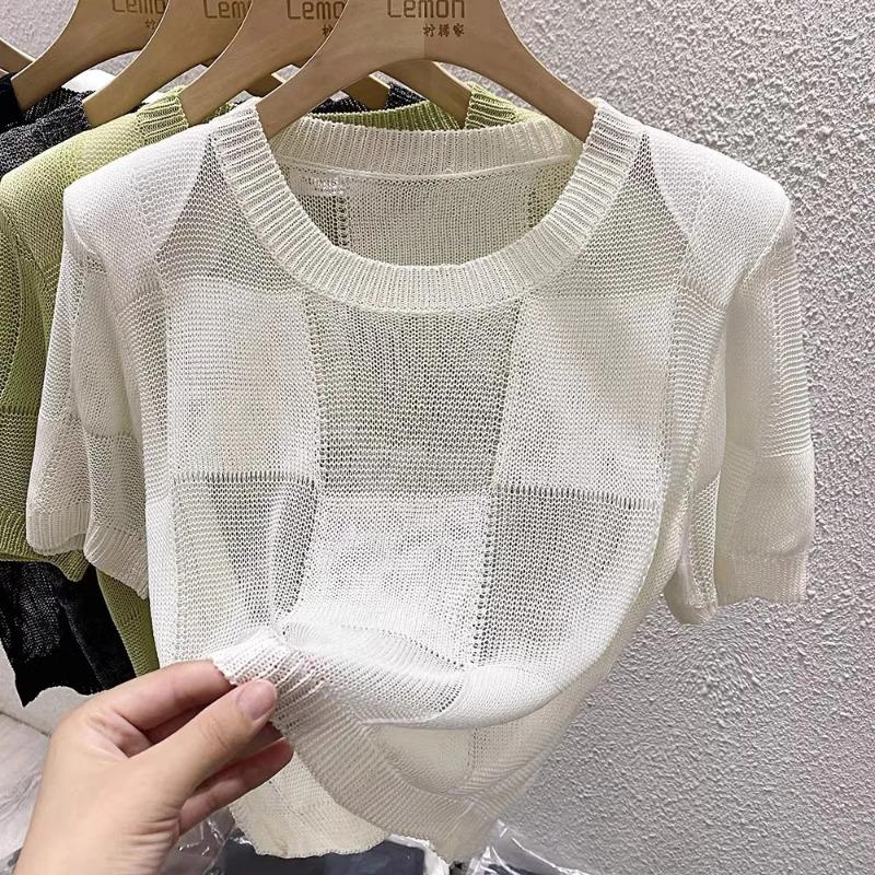 

Womens Crew Neck Hollow Out Knit Short Sleeve T Shirt OneSize белый
