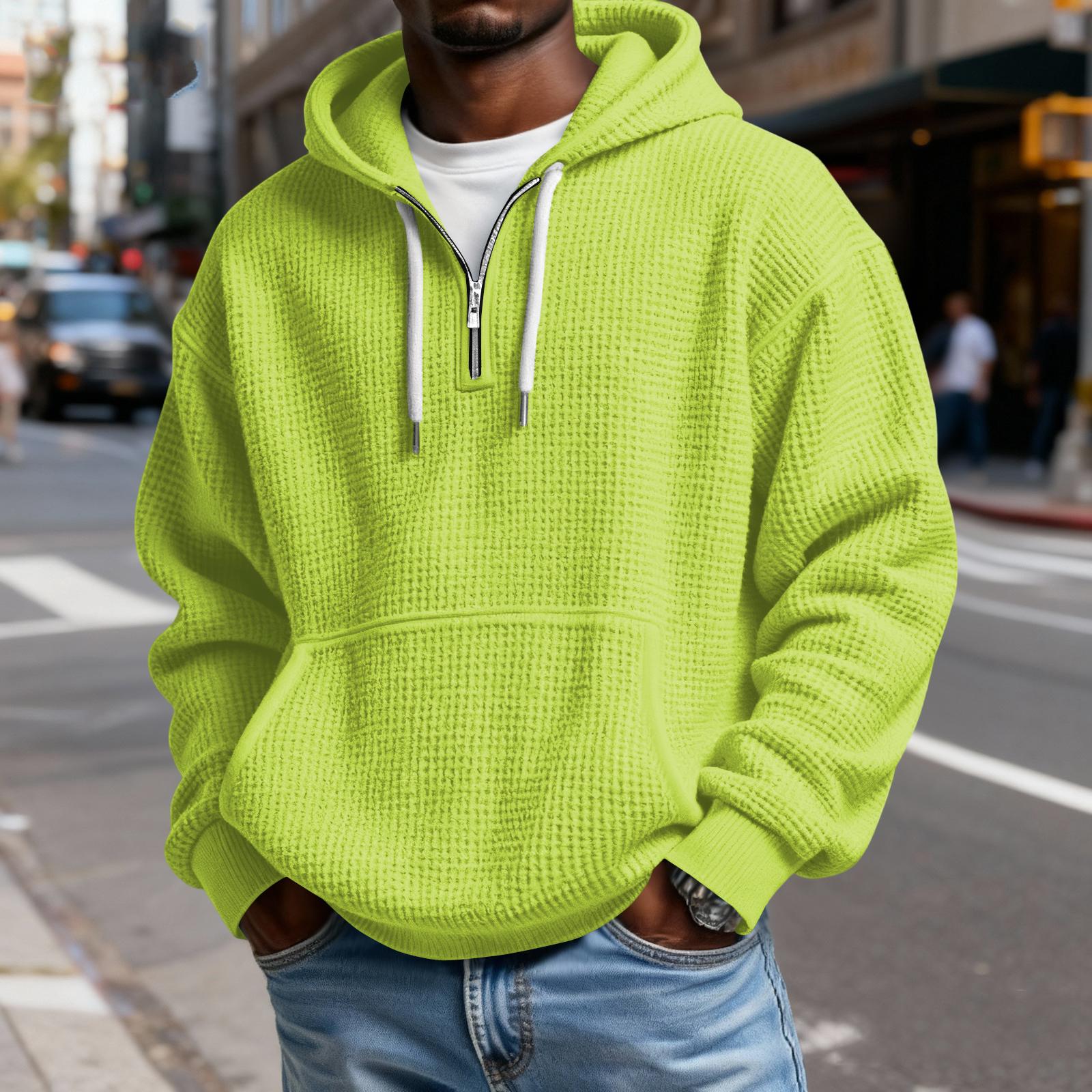 

Mens Waffle Knit Pullover Hoodie with Half Zip Front Drawstring Hood and Kangaroo Pocket Casual Long Sleeve Top XXXXL