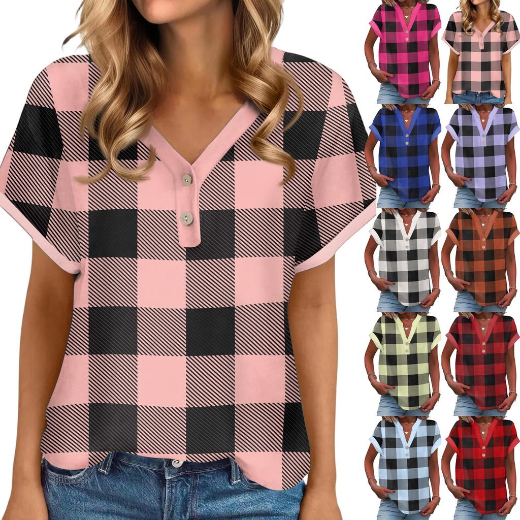 Women's Casual Fashion V-Neck Button Plaid Printed Short Sleeve Top