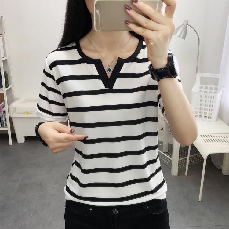 Harajuku Women Summer White T-shirt Girl Casual Slim Stripe Short Sleeve V Neck All-match T Shirts Y2k Tops For Female Clothing