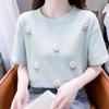 Women's Solid Color T-shirt Female Three-dimensional Flower Round Neck Short Sleeved Blouse Summer New Korean Versatile Top