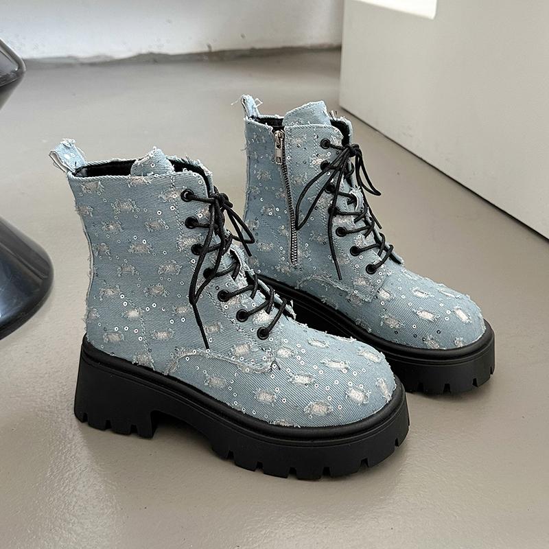 Punk Sequins Chunky Platform Ankle Boots for Women 2024 Y2K Patchwork Thick Bottom Denim Boots Woman Black Gothic Booties Mujer
