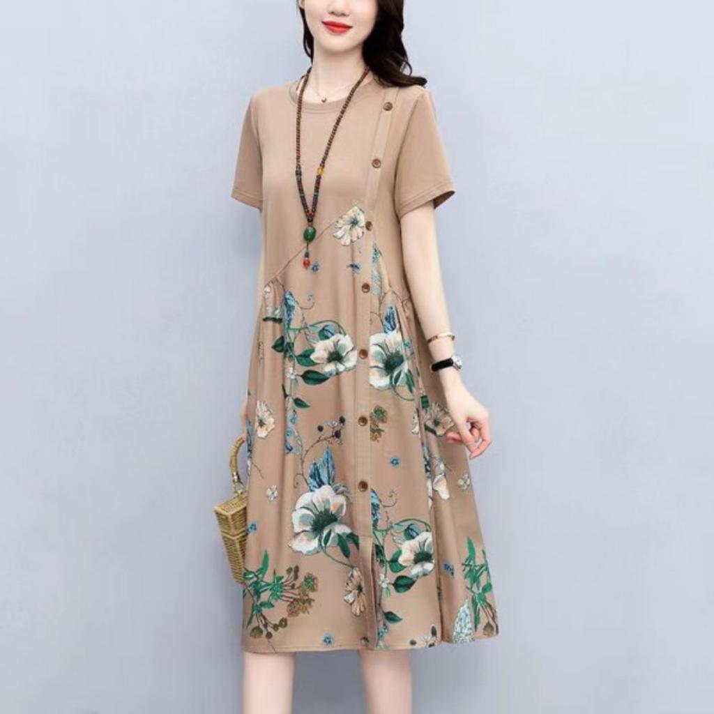 Women's Round Neck Short Sleeve Floral Print A-Line Midi Dress Casual Loose Summer Dress