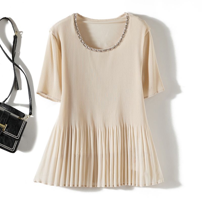 

Daily Order Deduction! Sanzhai Ruched High Elastic U-Shaped Rhinestone Collar Short Sleeve Workplace Goddess Summer T-shirt Super Elegant Beige White L