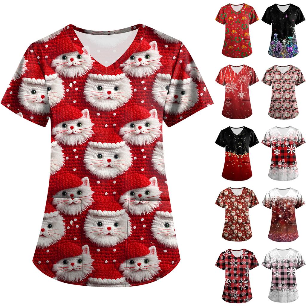 Plus SizePrinted Scrub Working Uniform Tops For Women's Cross V-Neck Print Short Sleeve Fun T-Shirts Workwear Tee With Pockets