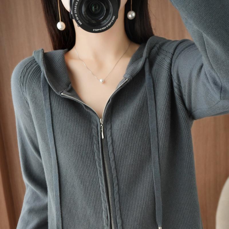Autumn Sweater Cardigan Women's Wool Hoodie Double Zipper Hooded Sweater Jacket