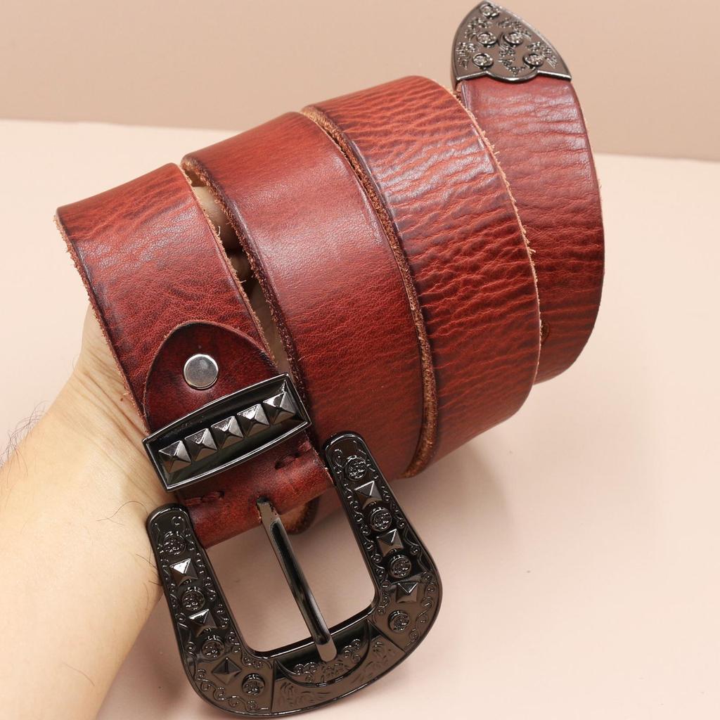 Men's Genuine Leather Western Belt with Texan Buckle - Top Layer Cowhide, Retro Style, Stock Clearance.