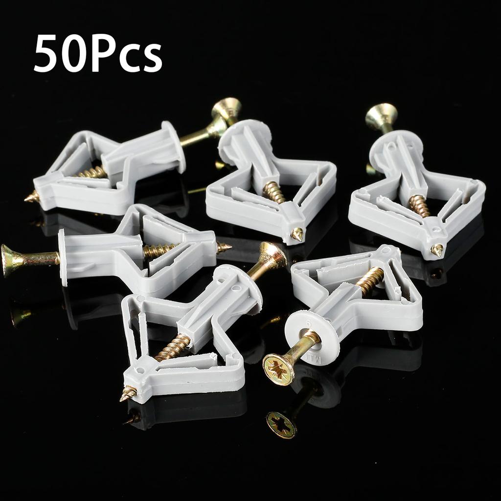 50pcs Expansion Tube Plasterboard Anchor Kit Plastic Hollow Wall Screw Fixings Anti Rotate Drywall Stable Butterfly Type