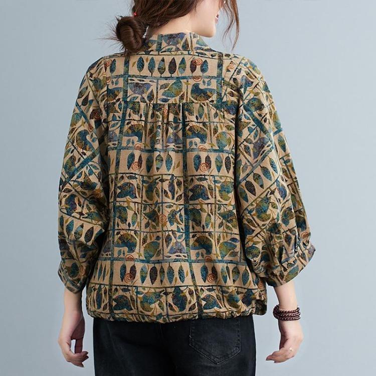 Vintage Floral Print Oversized Cotton Linen Shirt Women Casual Loose Blouse Harajuku Leisure Button Up Tops