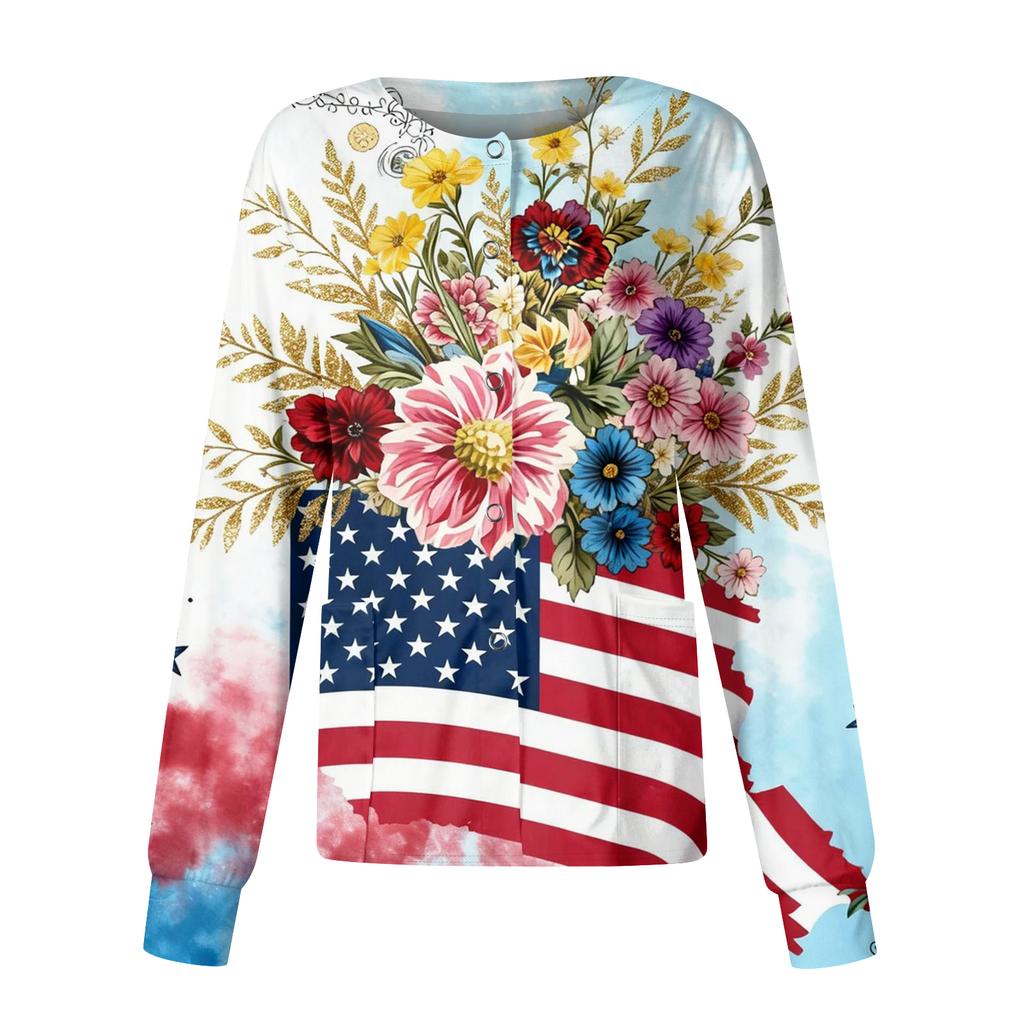 Women's Casual Fashion Long-Sleeve Stand-Up Collar Single-Button Independence Day Print Workwear Jacket