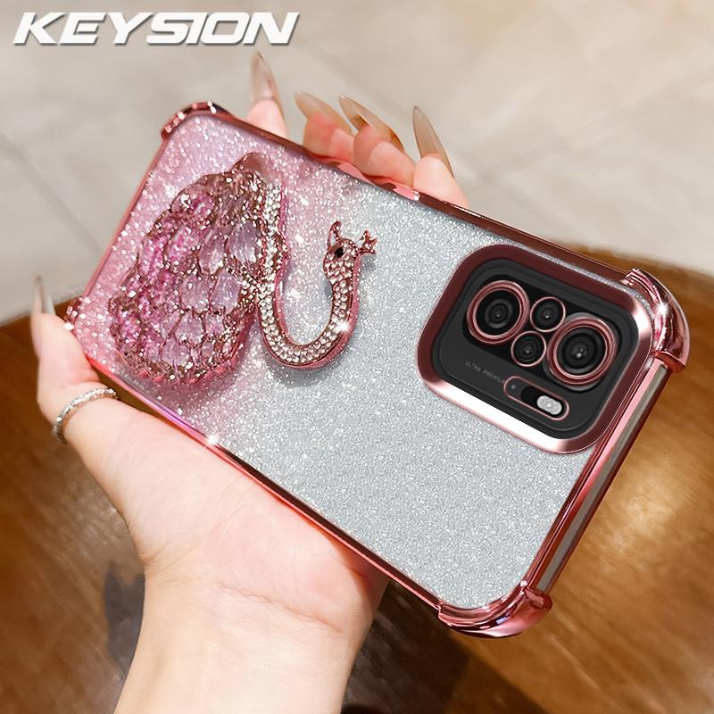 KEYSION Shockproof Plating TPU Phone Case for Redmi Note 10 10S 10 Pro 4G Glitter Jewelled Swan kickstand Back Cover for Xiaomi POCO M5S