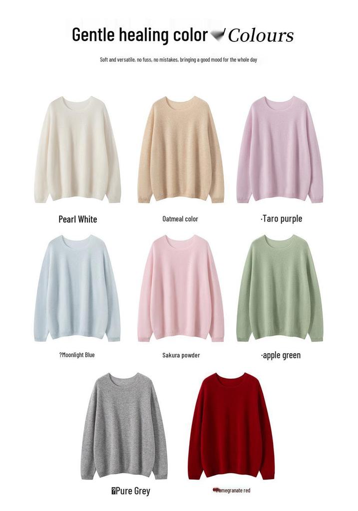 Women's Round Neck Versatile Cashmere Sweater - Solid Color, Long Sleeve, Fashionable Lazy Style for Spring, Autumn, and Winter