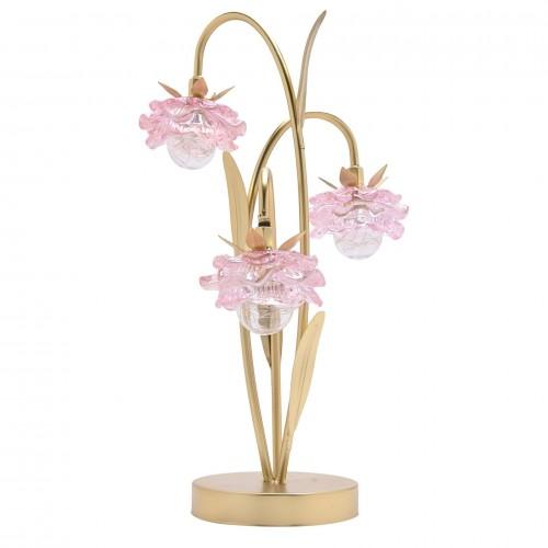 Hestia 3-armad LED-lampa med rosa glasblomma och guldfärgad bas